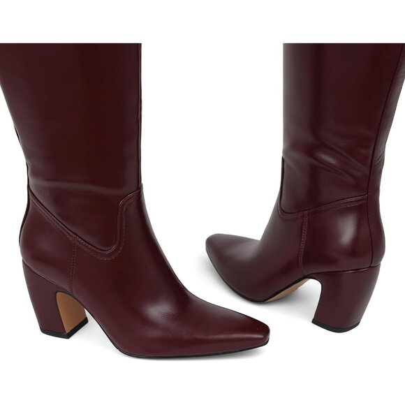 Women Knee High Burgundy Boots Square Toe Chunky Heel Wide Calf Tall Zipper Boot - Picture 6 of 7